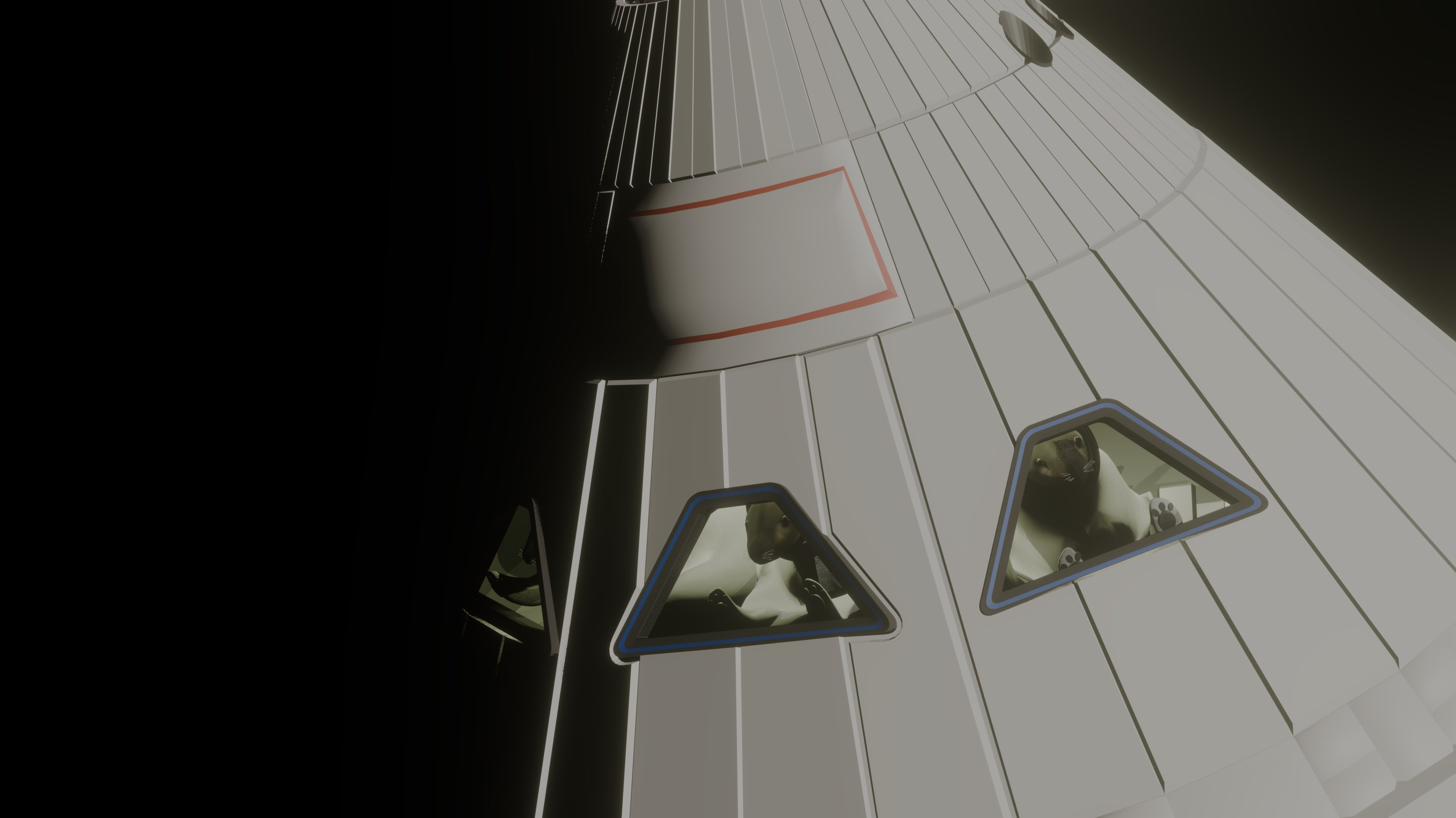 Exterior view of the Apollo-style space capsule with docking port, windows, and RCS thrusters