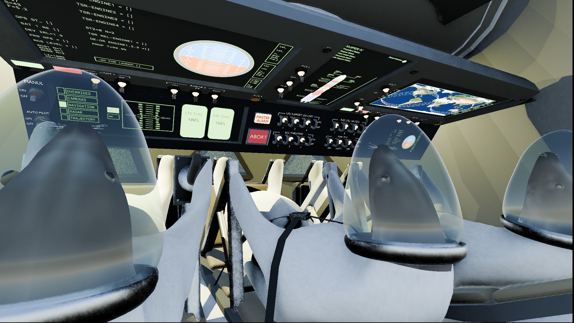 Detailed view of the spacecraft interior with glowing control panels, buttons, switches, and screens