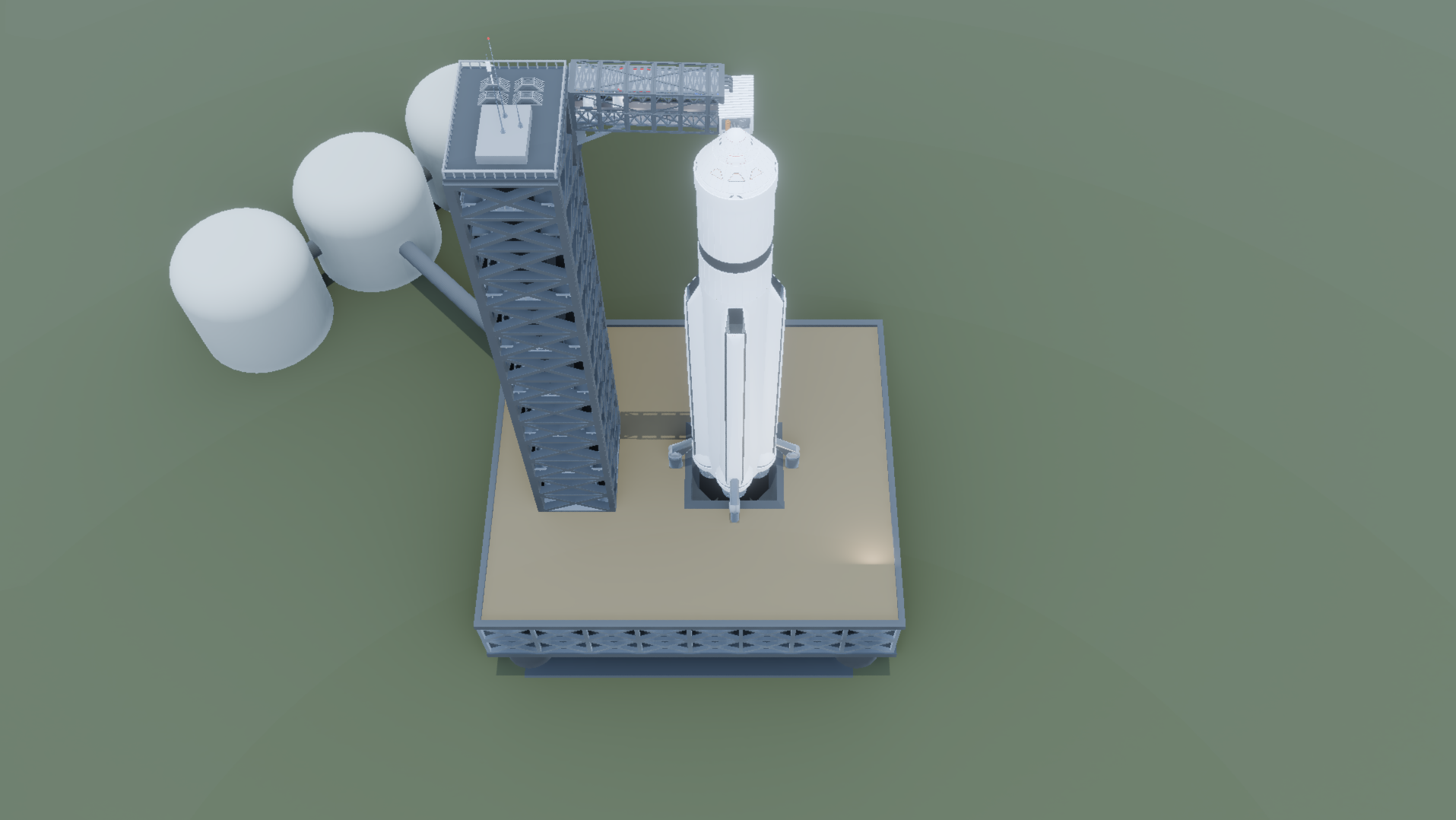 Launch complex with modern-style tower, walkway to capsule, and launch stand